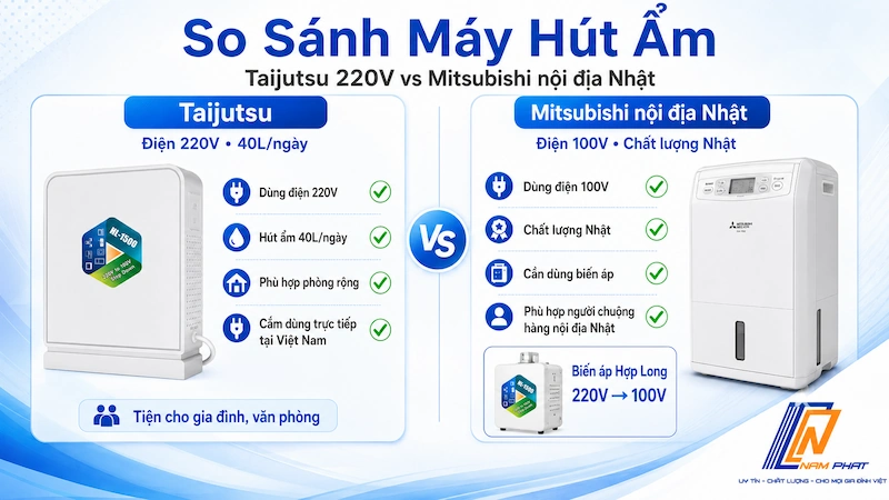 So sánh máy hút ẩm Taijutsu và Mitsubishi nội địa Nhật theo công suất và điện áp.