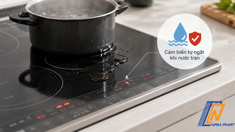 Tính năng cảm biến tự ngắt khi nước tràn trên bảng điều khiển bếp từ Nhật