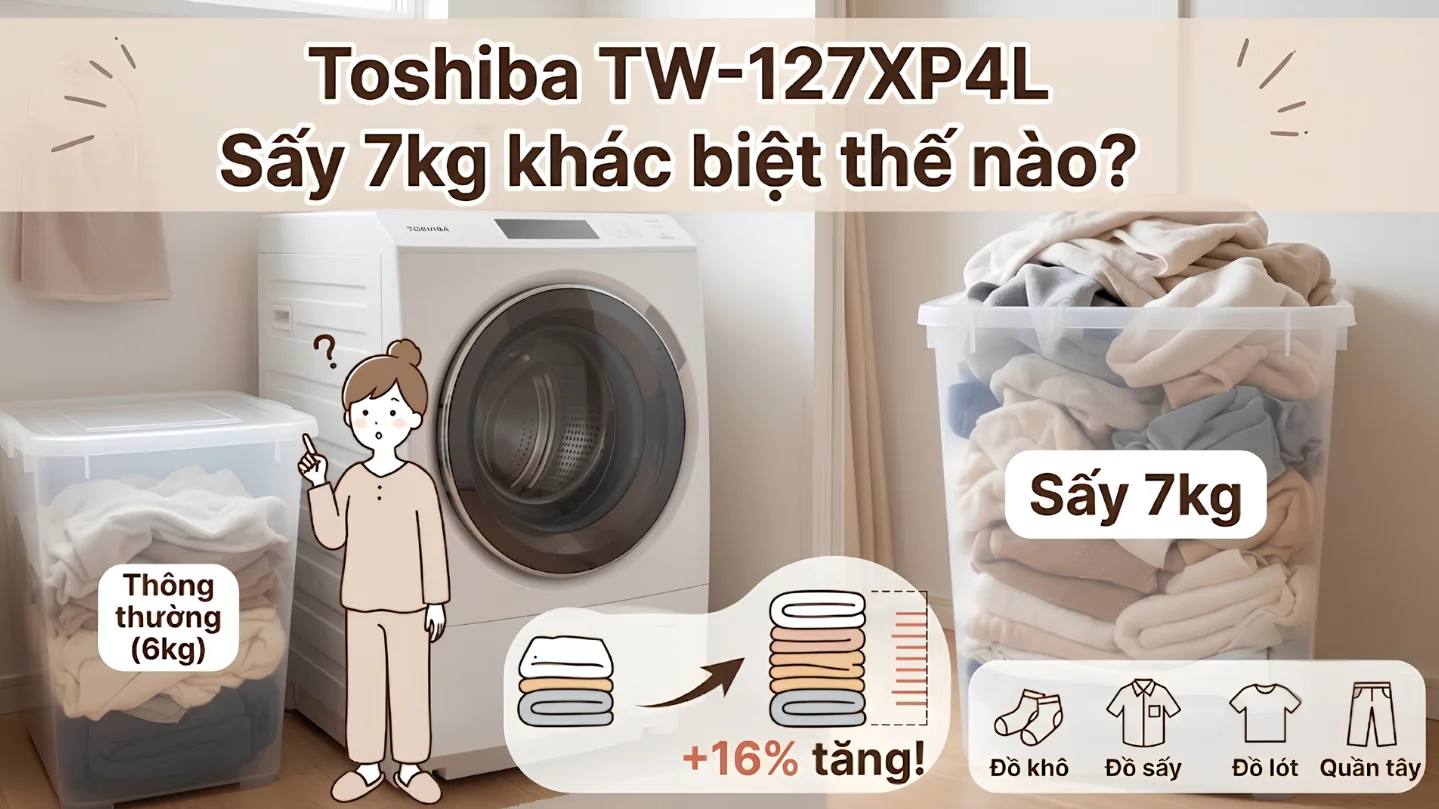 Tải giặt 12 kg và tải sấy 7 kg của Toshiba TW-127XP4L và TW-127XM4L