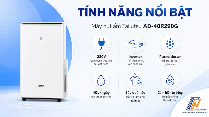 Các tính năng nổi bật của máy hút ẩm Taijutsu gồm Inverter, Plasmacluster ion và sấy quần áo.
