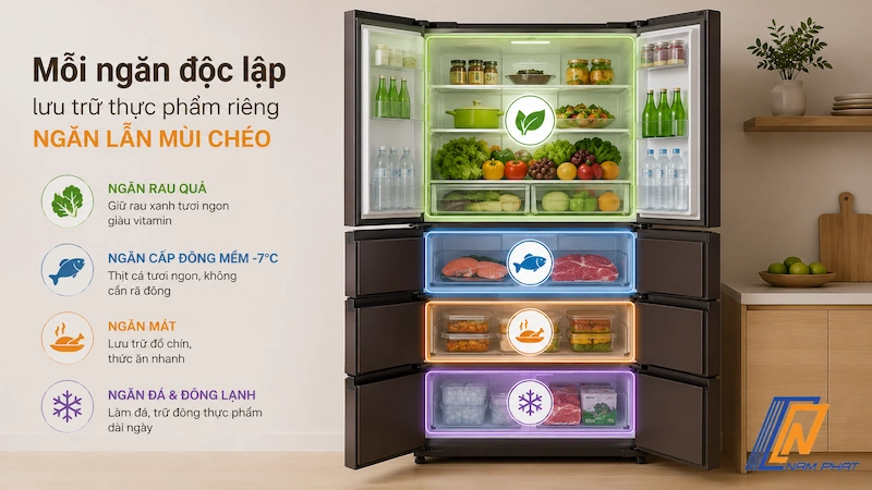 Mỗi ngăn độc lập lưu trữ các loại thực phẩm riêng ngăn lẫn mùi chéo
