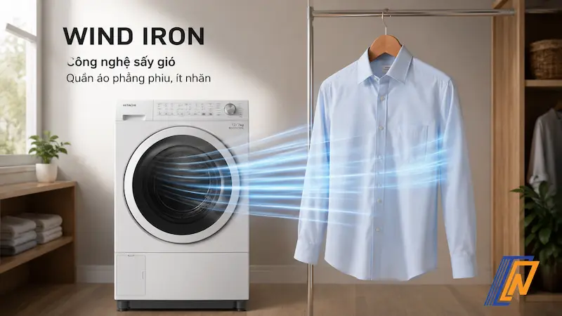 Công nghệ sấy gió Wind Iron giúp quần áo phẳng phiu sau khi sấy của Hitachi