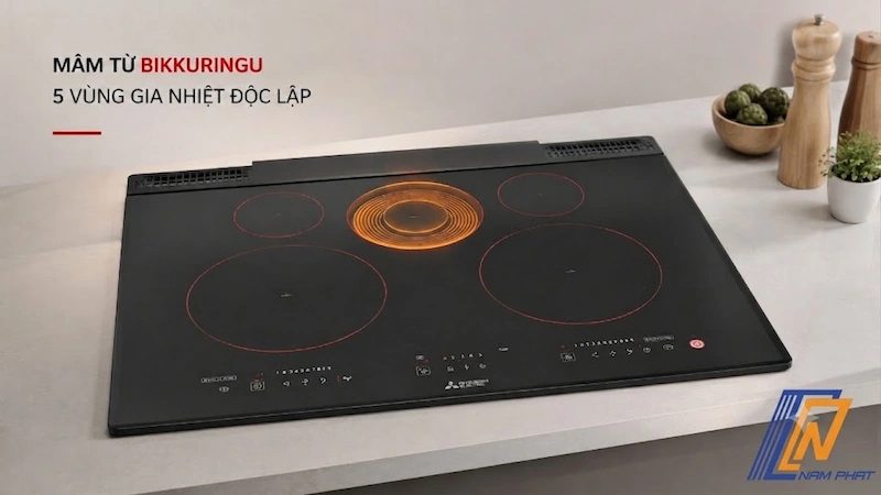 Mâm từ Bikkuringu chia 5 vùng gia nhiệt độc lập dưới mặt kính bếp