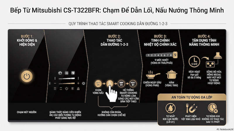 Bảng điều khiển ẩn thông minh dẫn đường các bước thao tác đun nấu