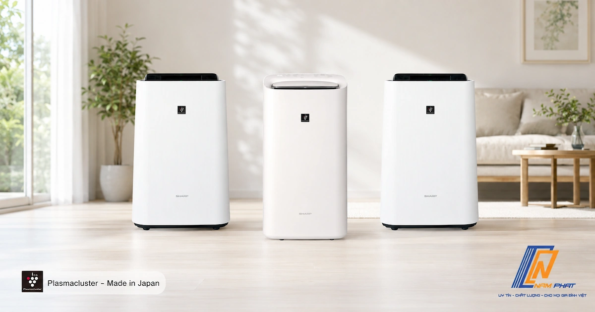 Ba model máy lọc không khí Sharp nội địa Nhật KC-T50, KI-RD50 và KC-S50 đang bán tại Nam Phát 2026.