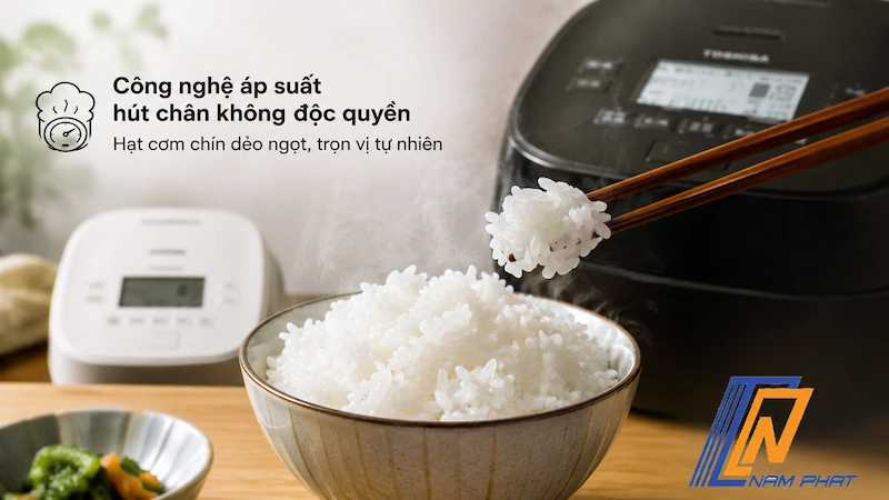 Hạt cơm chín dẻo ngọt nhờ công nghệ áp suất hút chân không độc quyền của Toshiba