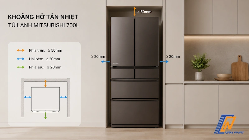 Khoảng hở tản nhiệt tối thiểu xung quanh tủ lạnh Mitsubishi 700L khi thiết kế tủ bếp