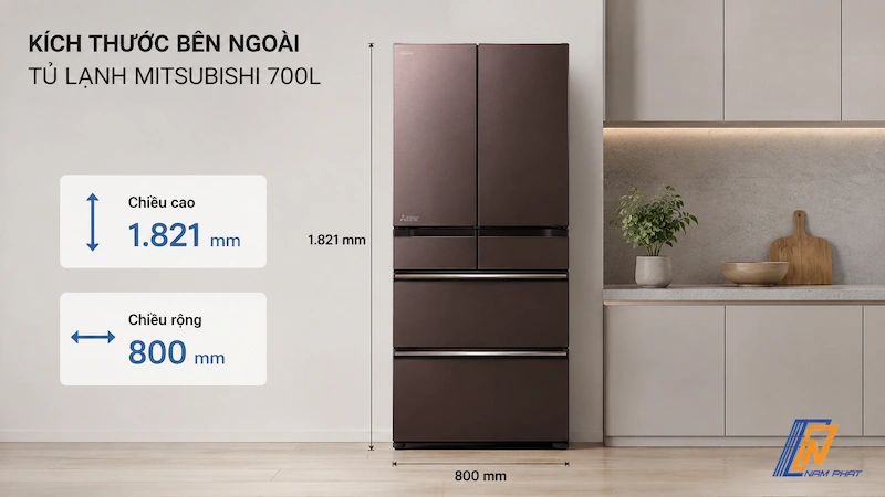 Kích thước chiều cao và chiều rộng bên ngoài của tủ lạnh Mitsubishi 700L