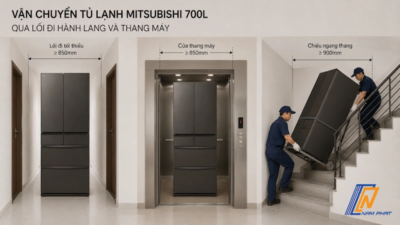 Vận chuyển tủ lạnh Mitsubishi 700L qua các lối đi hành lang và thang máy