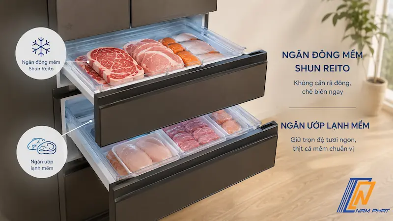 Ngăn đông mềm Shun Reito và ngăn ướp lạnh mềm bảo quản thịt cá tươi ngon