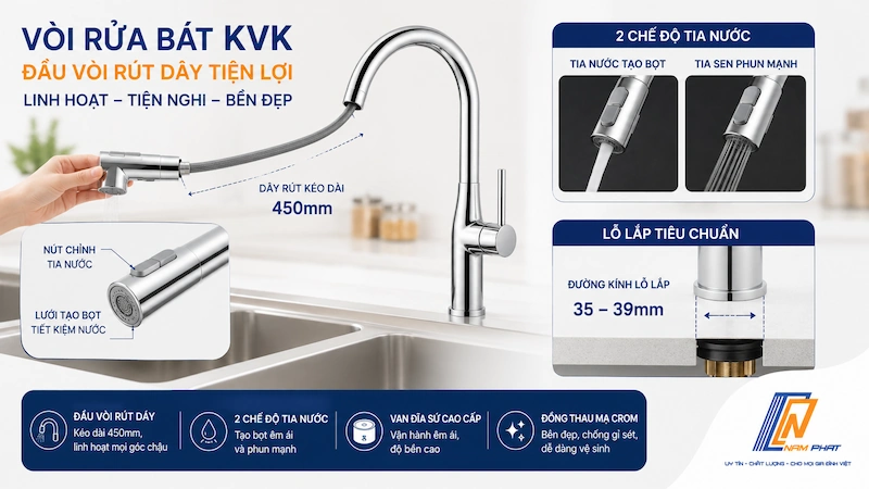 Vòi rửa bát KVK với đầu vòi rút dây và chế độ ECO tiết kiệm nước.